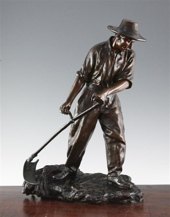 Paul dAire (fl.1890-1910). A bronze figure of a harvester scything wheat, 18.5in.